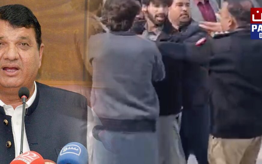 Pakistan Muslim League(N) leader and Minister for Kashmir Affairs, Engineer Ameer Muqam, left the venue before his speech when activists of Insaf Student Federation encircled him, alleging that he is promoting politics in educational institutions.