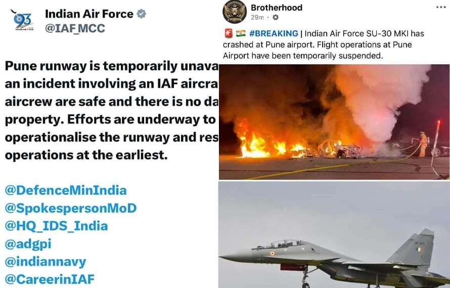 Modern aircraft crash reported at Pune airport, Indian Air Force attempting to cover up incident