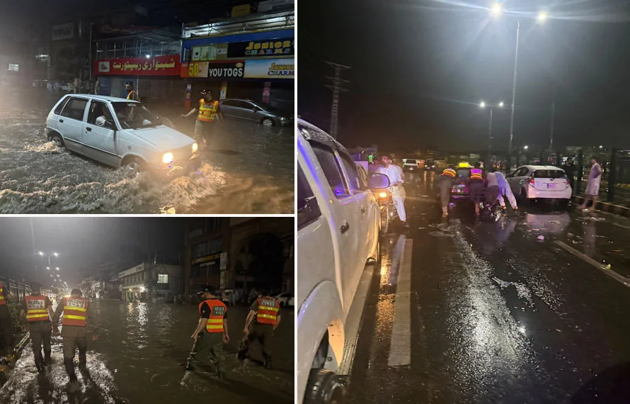 Rescue 1122 launches dewatering operation on university road after heavy rain