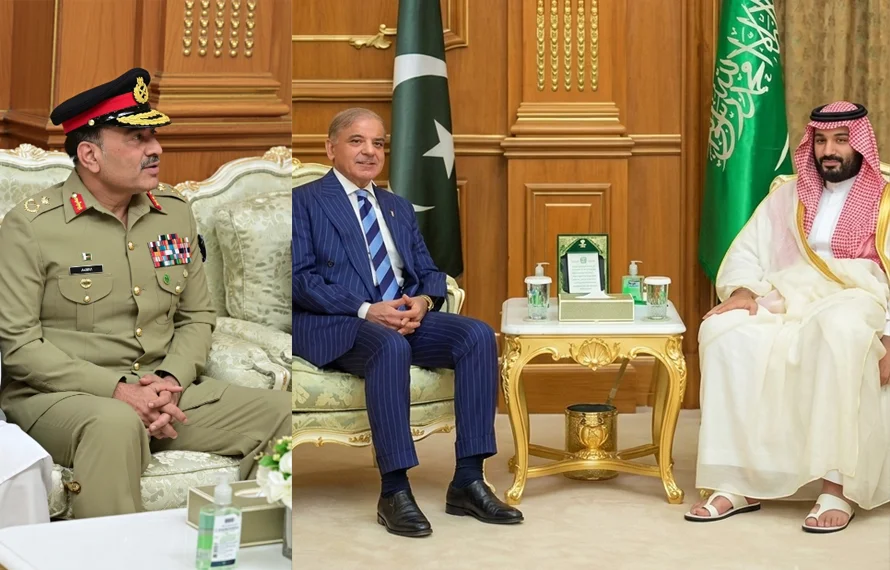 PM Shehbaz Field Marshal Asim Munir meets Saudi Crown Prince Mohammed bin Salman at Al-Safa Palace
